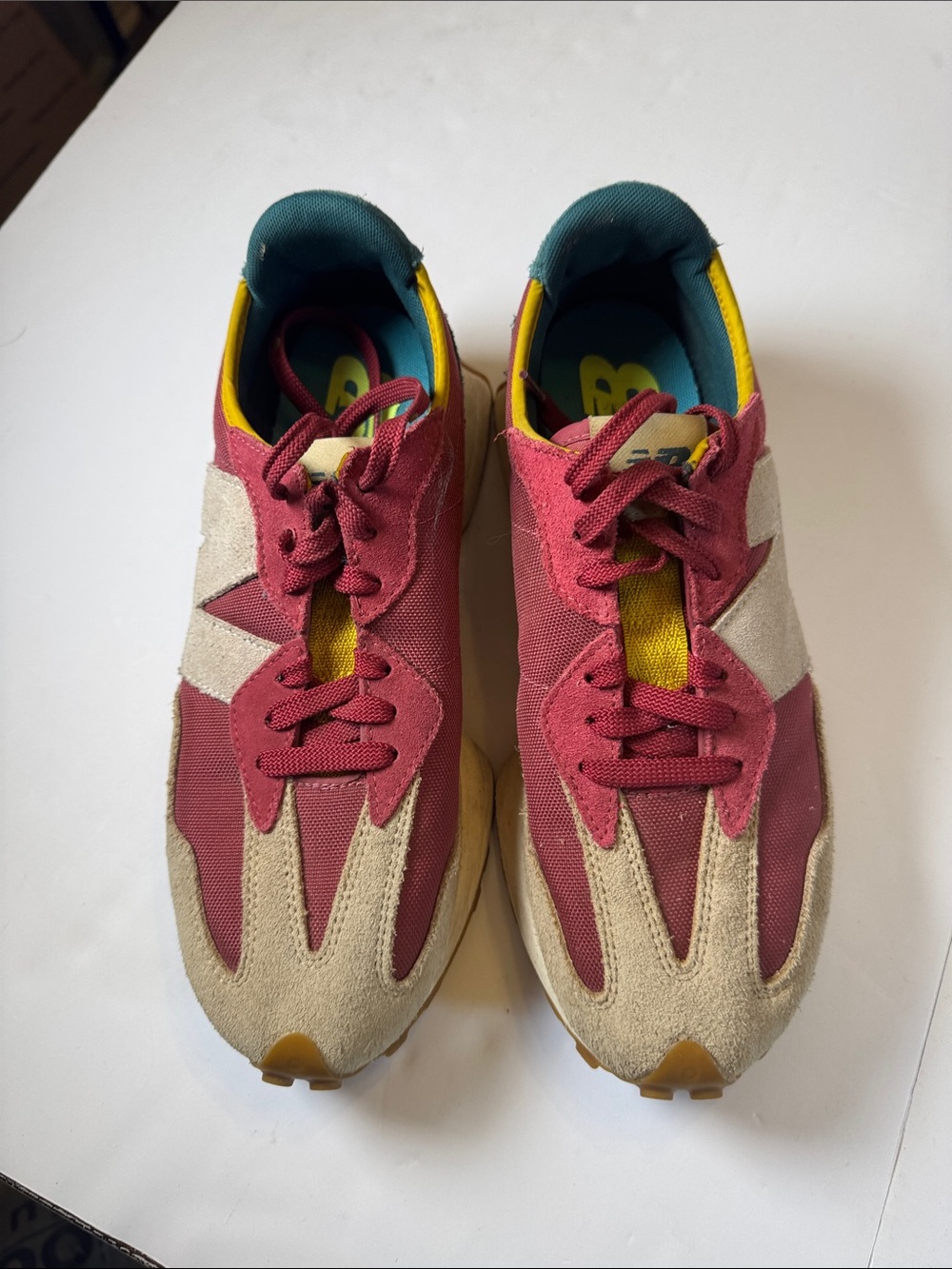 Men’s 327 New Balance Sneakers in Burgundy, Beige & Yellow
